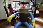 hitchBOT at home with it's research team in Port Credit, Ontario.